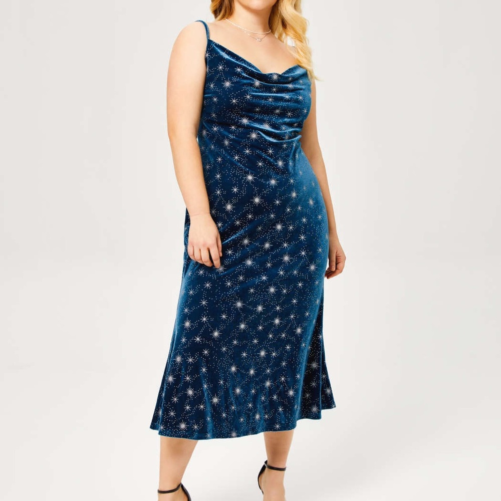 Velvet cowl neck star pattern mermaid maxi dress